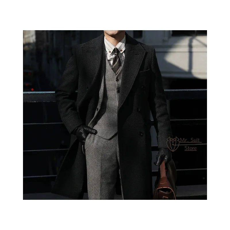 NORDENN™ British Wool Overcoat – Herringbone Lange Jas voor Heren | Winter Dubbele Rij Knopen